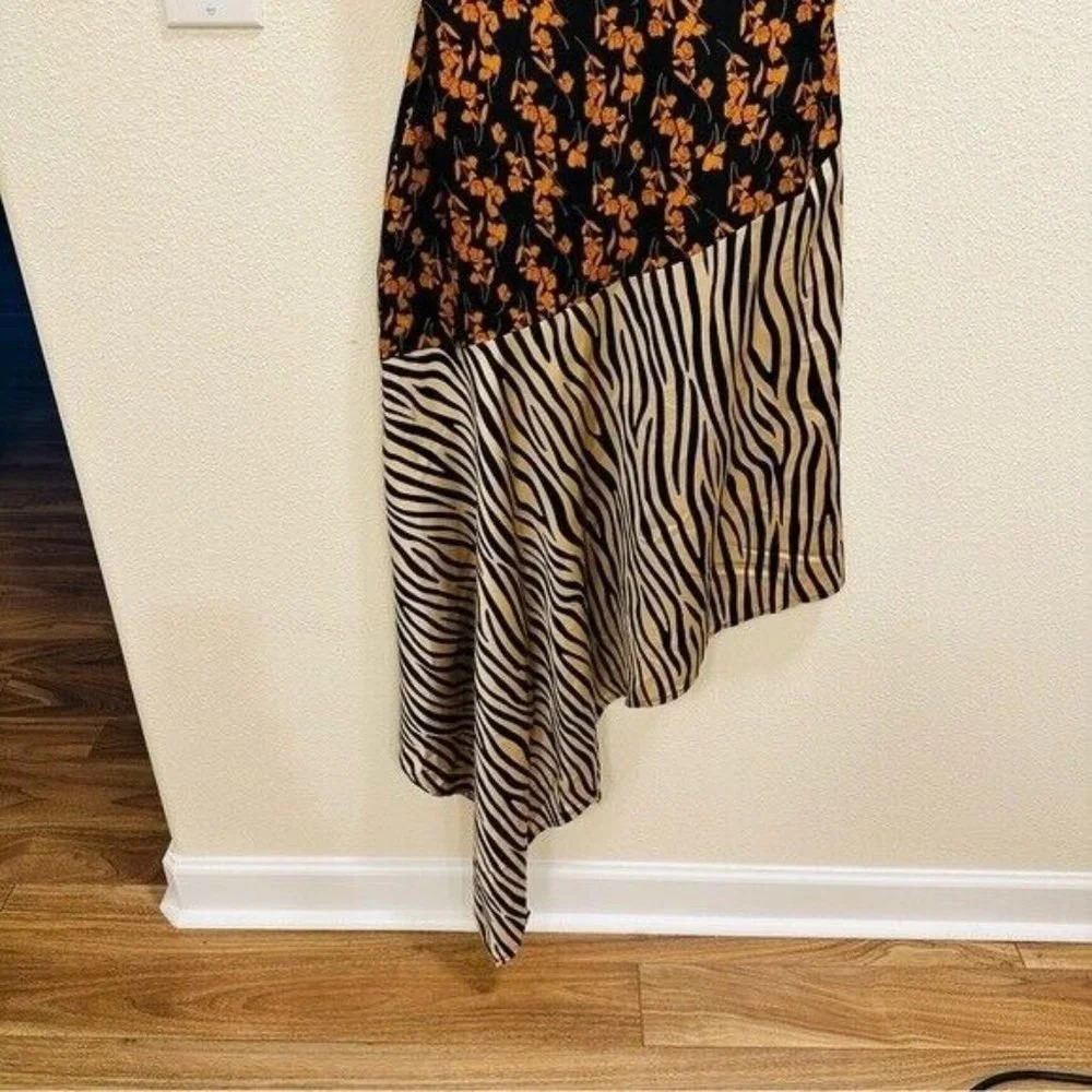 Lulu’s Gold Mine Black Multi Print Satin Asymmetrical Midi Dress Size Medium - Picture 6 of 12